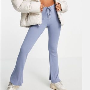 Blue ASOS rib flare pants w/ lace-up waist